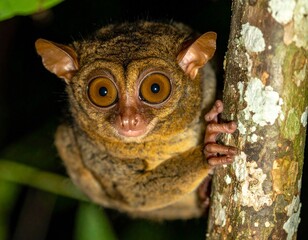 Obraz premium Close-up portrait of a fascinating small Tarsier with strikingly large, round eyes, clinging to a tree in its natural jungle habitat, showcasing its nocturnal gaze and unique features