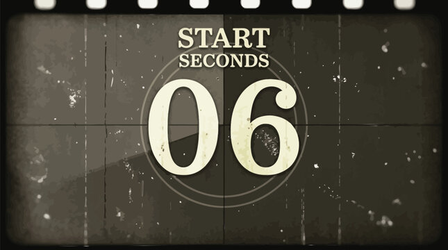 Vintage Film Countdown Timer with "START SECONDS 06" Text and Retro Grunge Texture for Movie Intros and Video Projects