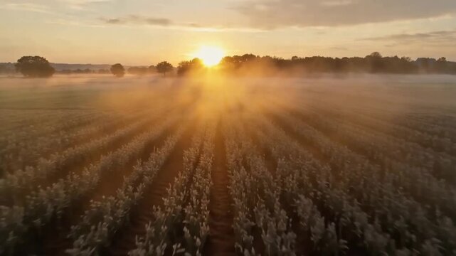 Golden Sunrise Illuminating Misty Agricultural Field with Dramatic Sun Rays at Dawn.