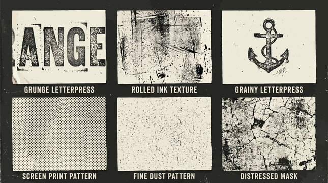 Set of 6 Grunge Letterpress, Rolled Ink, Grainy, Screen Print, Fine Dust, and Distressed Mask Textures Vector