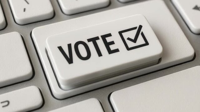 Digital Vote Key: A close-up view of a computer keyboard showcases a prominent VOTE key, emphasizing the significance of digital participation and democratic expression.