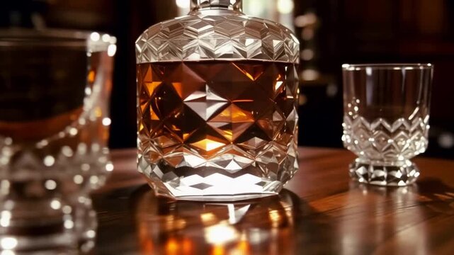 Elegant Crystal Decanter with Golden Whiskey and Empty Glass on a Rich Wooden Table.