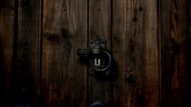 Close Up of Old Weathered Wooden Door with Intricate Vintage Doorknob and Keyhole.