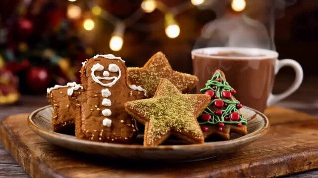 Warm Holiday Celebration Featuring Festive Gingerbread Cookies and a Steaming Cup of Hot Cocoa.