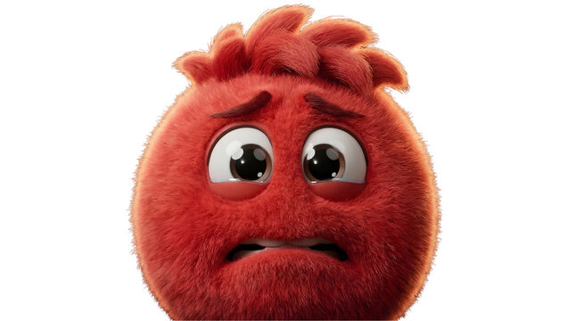 A close up portrait of a fluffy round red creature with a sad and tearful emotional expression
