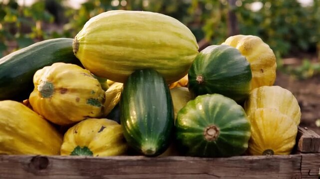 Bountiful Harvest of Fresh Organic Yellow and Green Squashes Piled in a Rustic Crate.