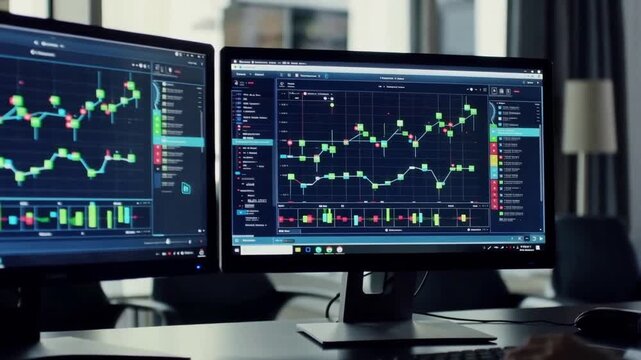 Digital Screens Displaying Live Financial Charts and Market Data for Business Analytics and Trading.