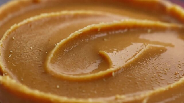 Close up of delicious creamy peanut butter or caramel spread with beautiful swirls.