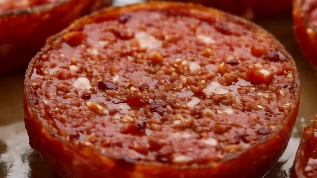 Close Up of a Hearty Cooked Savory Patty with Rich Glistening Sauce and Crumbly Topping.