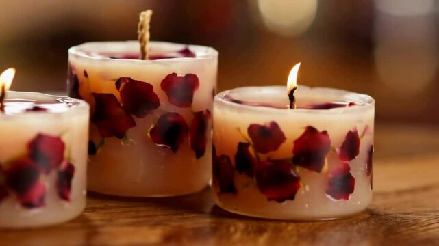 Burning decorative candles with embedded red rose petals creating a warm romantic ambiance.