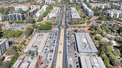 Fototapeta premium Aerial view of the commercial blocks comprising blocks 303SW, 304SW, 103SW and 104SW, in the Southwest neighborhood, an urban planning project featuring high-end apartments. Brasília, 2023 