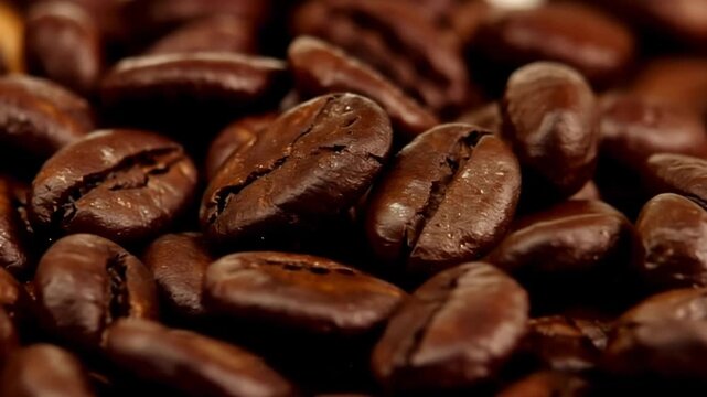 Close up view of freshly roasted dark brown coffee beans for delicious morning energy.