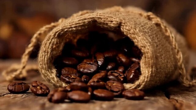 Aromatic Roasted Coffee Beans Spilling from Rustic Burlap Sack onto a Wooden Table.
