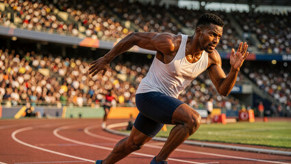Obraz premium Dynamic Sprint: Focused African American Athlete Racing on Track