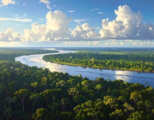Obraz premium Aerial view of a winding river through dense forest