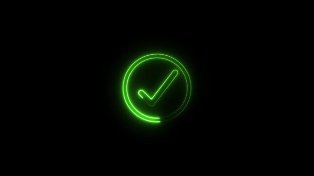Glowing Green Checkmark Animated Neon Sign Approval Confirmation Symbol on Black Background green neon light