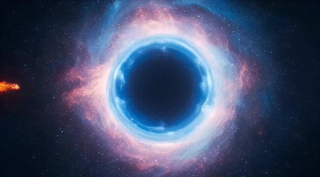Cinematic black hole in deep space, glowing blue event horizon with swirling nebula clouds, cosmic gravitational singularity in a starry galaxy