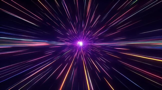 Hyperspace warp speed motion background, cosmic light trails in deep space, futuristic purple and orange starburst effect for sci-fi transitions