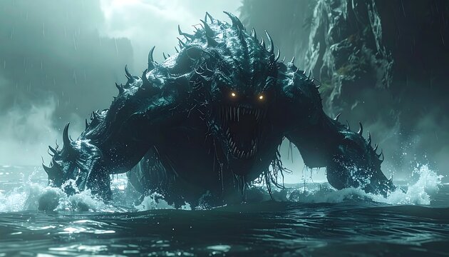 Mythical sea monster emerging from ocean.