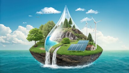 Obraz premium Floating eco island inside water drop with waterfall, solar panels and wind turbines, renewable energy and water conservation concept, sustainable living, climate protection, green technology