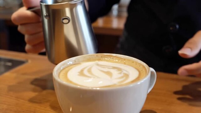 Barista skillfully crafts beautiful latte art in a ceramic coffee cup.