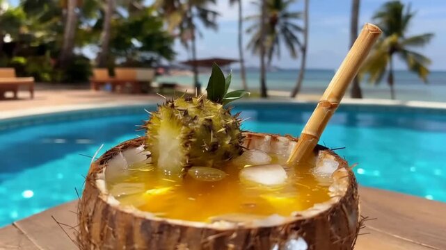 Refreshing island drink served in a coconut shell poolside with palm trees and ocean view.