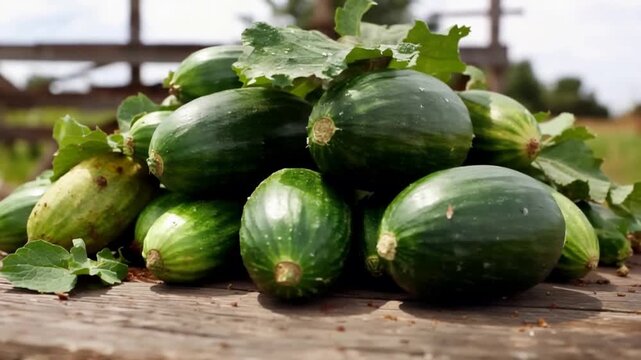 Bountiful harvest of fresh round green zucchini vegetables on a rustic wooden table.