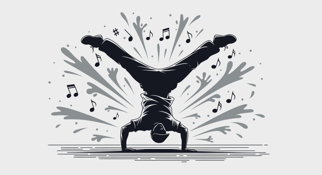 Vibrant graphic illustration of a breakdancer performing an inverted handstand split, surrounded by energetic musical notes and abstract splashes, capturing dynamic urban rhythm.
