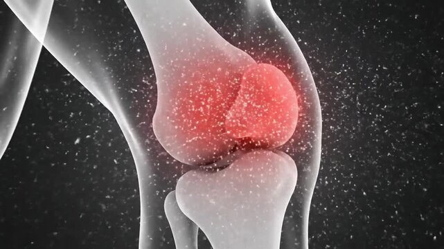 Detailed 3D Medical Animation Illustrating Knee Joint Anatomy With Red Inflammation Highlighting Pain and Discomfort Against a Dark Gray Backdrop