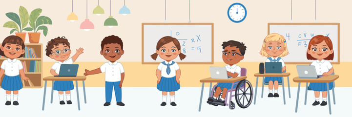 Diverse group of elementary school children in uniforms learning in a classroom with laptops including a student in a wheelchair.