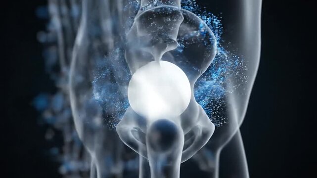 Human Pelvic Bone Anatomy and Bladder Health with Blue Particles Representing Energy or Fluid Flow Scientific Medical Illustration