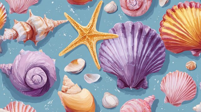 Vibrant seashell beach pattern with starfish and shells