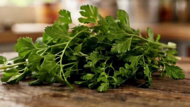 Vibrant Green Fresh Parsley Bunch on Rustic Wooden Tabletop Ready for Cooking.