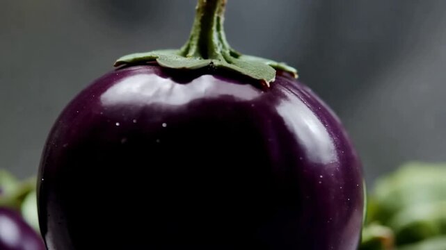 Vibrant Purple Eggplant Shimmering Freshly with Green Stem, Close Up on Dark Background.