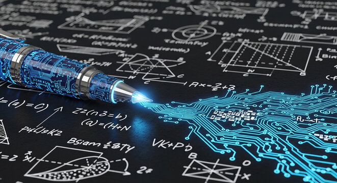 A pen draws blue circuit on a technical blueprint with equations and diagrams.