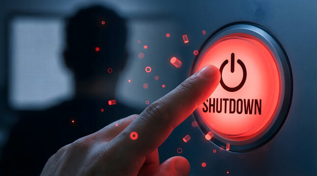 Human finger presses a glowing red shutdown button in a dark technological environment with a blurred figure in the background symbolizing an urgent d