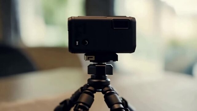 Modern Compact Camera on Tabletop Tripod Ready for Vlogging and Filmmaking Projects.