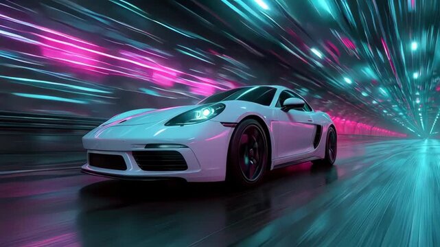 White sports car speeding through a futuristic neon-lit tunnel with dynamic motion blur and vibrant pink and cyan lights
