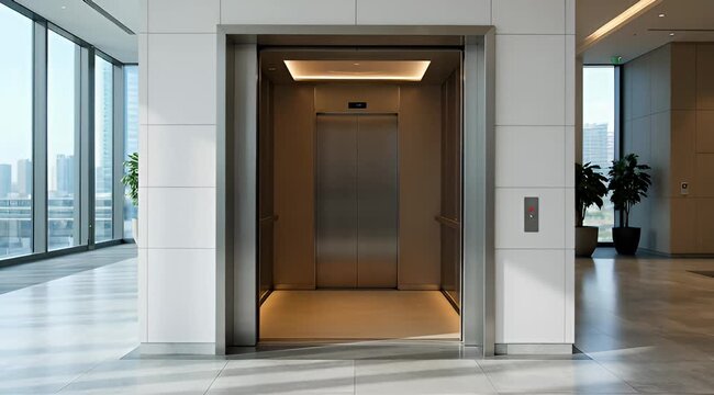 Modern elevator doors opening in luxury office lobby, stainless steel lift interior with warm lighting, corporate building hallway with glass windows