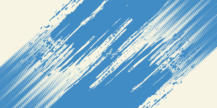 Grunge grainy blue brush stroke with spray texture. Hand drawn distress damaged vintage banner with zigzag bold line. Rough thick brush stroke texture. Spray paint effect vector background.