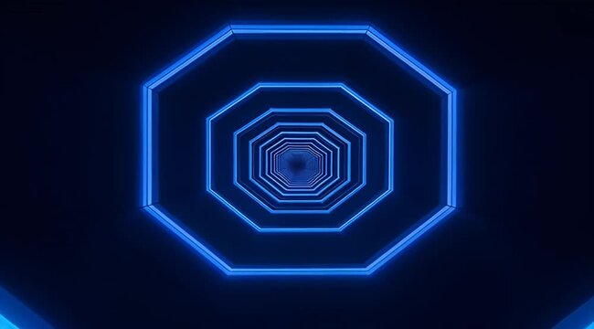 Futuristic blue neon tunnel loop, glowing geometric octagon portal background, high tech sci-fi corridor motion graphics for music videos