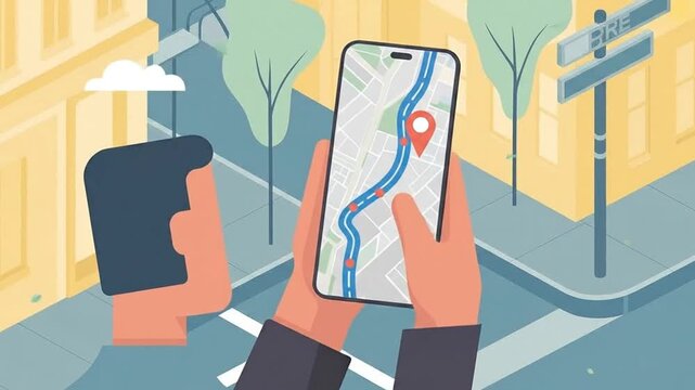 Person holding smartphone displaying a digital map with navigation route tracking location in a stylized urban city environment showing direction and modern transportation technology.