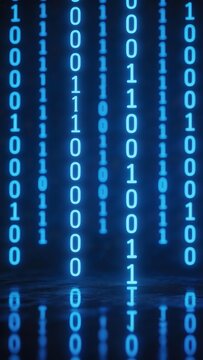 Digital binary code streaming vertically in blue light against a dark background, resembling data flow in a digital environment.