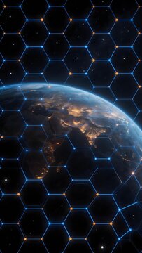Earth viewed from space with a hexagonal grid overlay, highlighting continents and city lights at night.