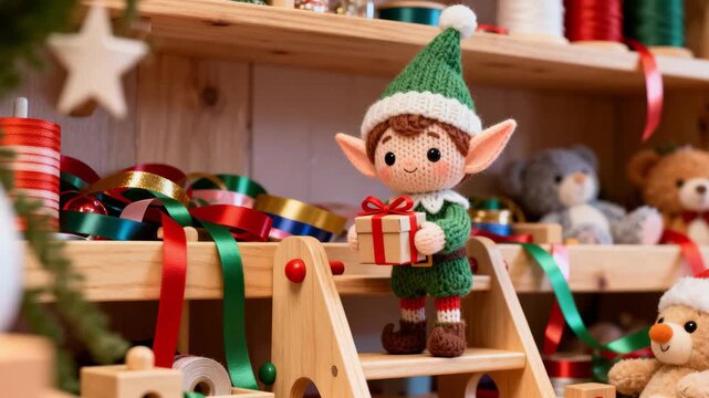 Crocheted Christmas elf holding a small gift box while standing on a wooden ladder in a toy workshop. Festive holiday decoration concept, seasonal creative footage.