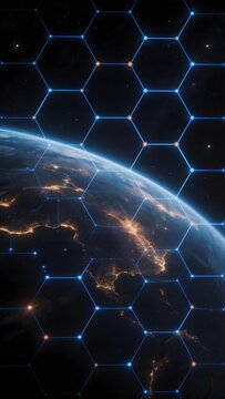 Earth viewed from space with a glowing hexagonal grid overlay, highlighting illuminated continents at night.