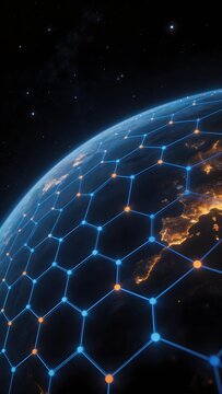 Earth viewed from space with a glowing blue network overlay representing global connectivity.