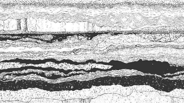 Detailed black and white of geological strata showing layers of rock and sediment with varied textures and wavy patterns