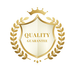 Gold Quality Guarantee Shield Badge with Crown and Laurel