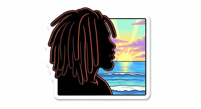 Silhouette of a man with dreadlocks looking at a colorful sunset over the ocean